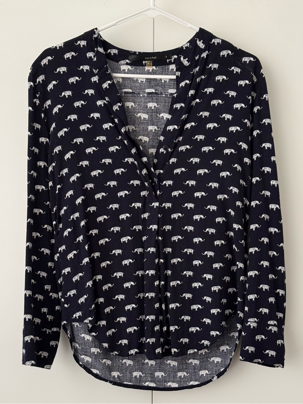 Fun 2 Fun Navy Blue Elephant Pring Long-Sleeve Top